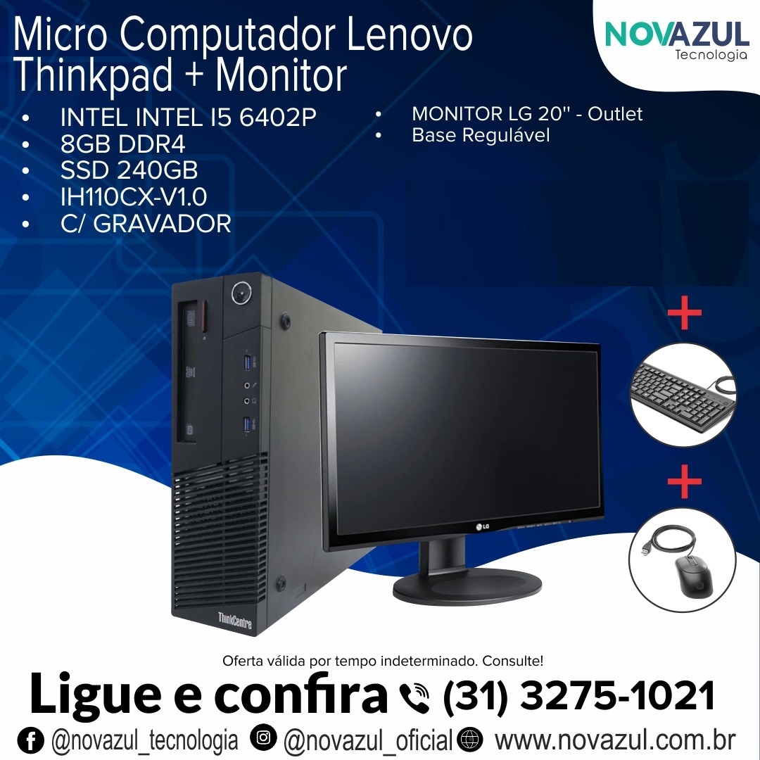 micro computador lenovo thinkpad s510 intel i5 6402p 8gb ddr4 ssd 240gb e monitor lg 20